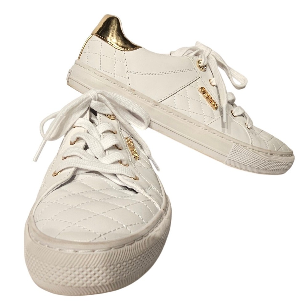 Guess GWLOVEN Sneakers Womens 9 White Gold Quilted Low Top‎ Lace Up Platform
